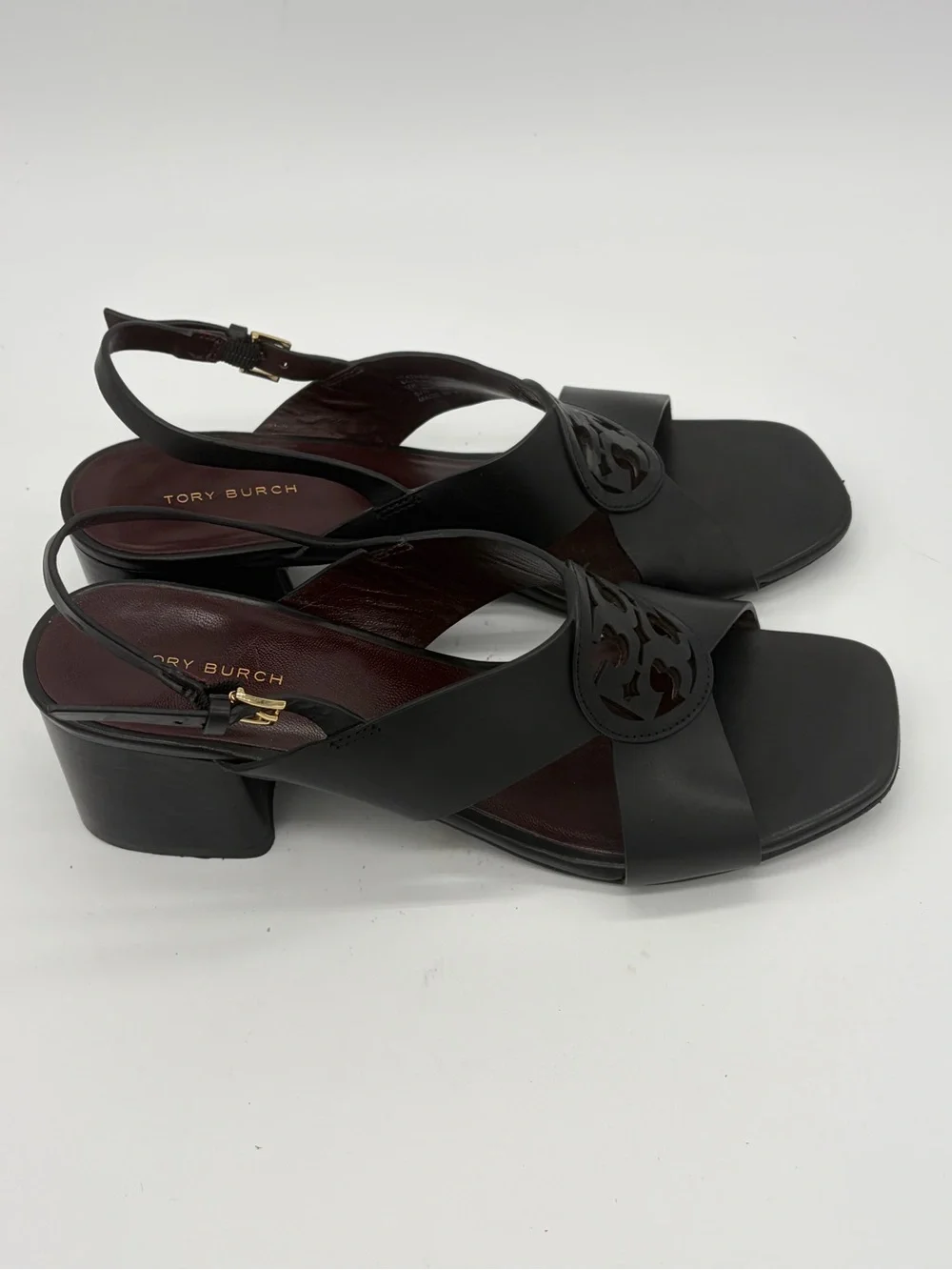 Tory Burch Black Leather Logo Block Heel Slingbacks